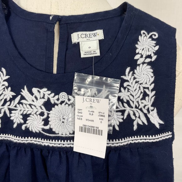 J. Crew Sleeveless Navy Top Linen Embroidered Shirt Peasant Top Sz 0 New - Picture 3 of 4